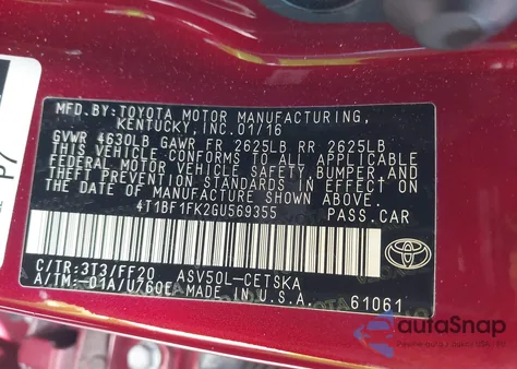 2016 Toyota Camry Se z USA, uszkodzony, nr VIN 4T1BF1FK2GU569355